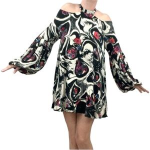 Free People Drift Away Boho High Collar Cold Shoulder Modern Swing Tunic Dress
